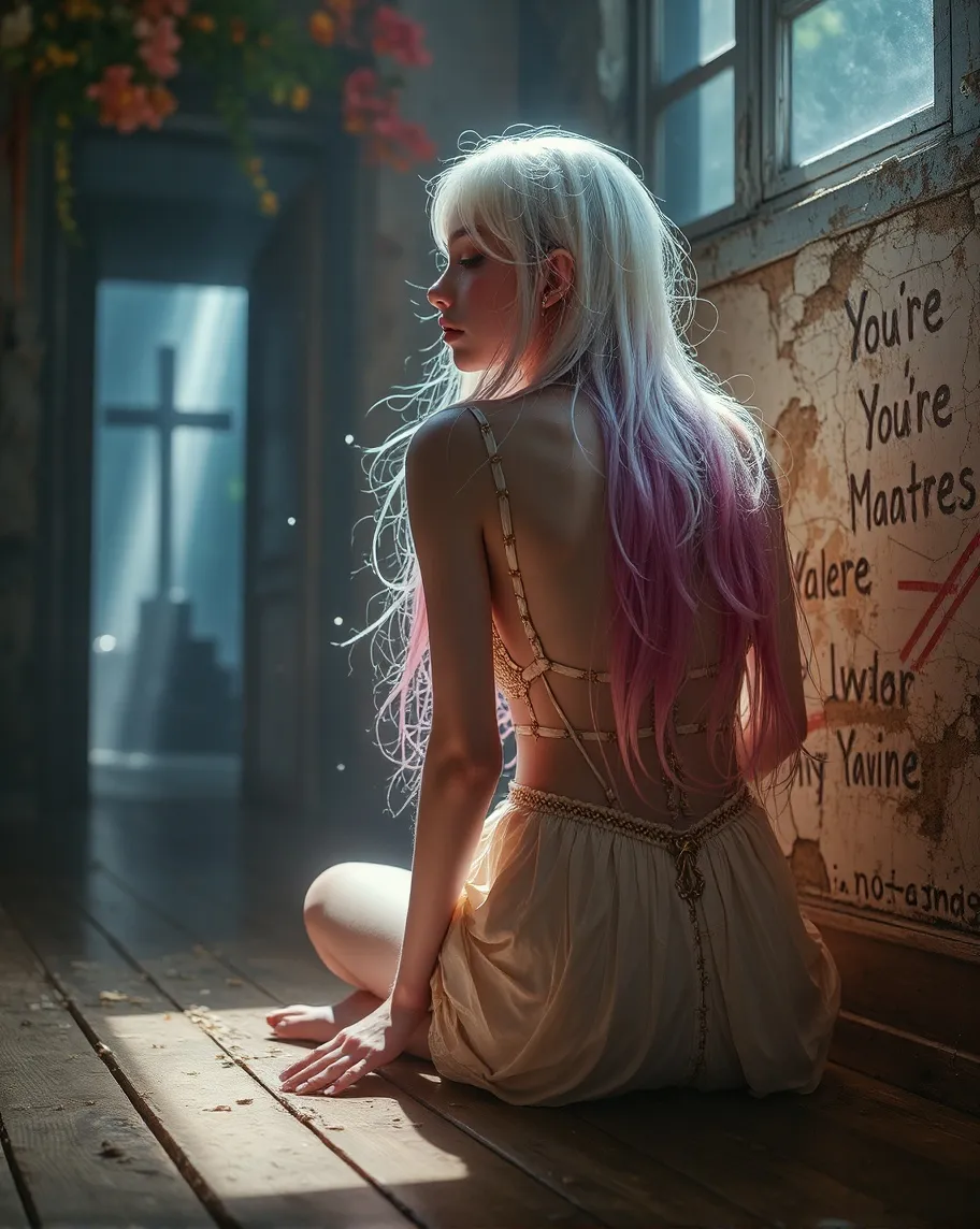 A young woman sits on worn wooden - Free AI Photo Generator - starryai