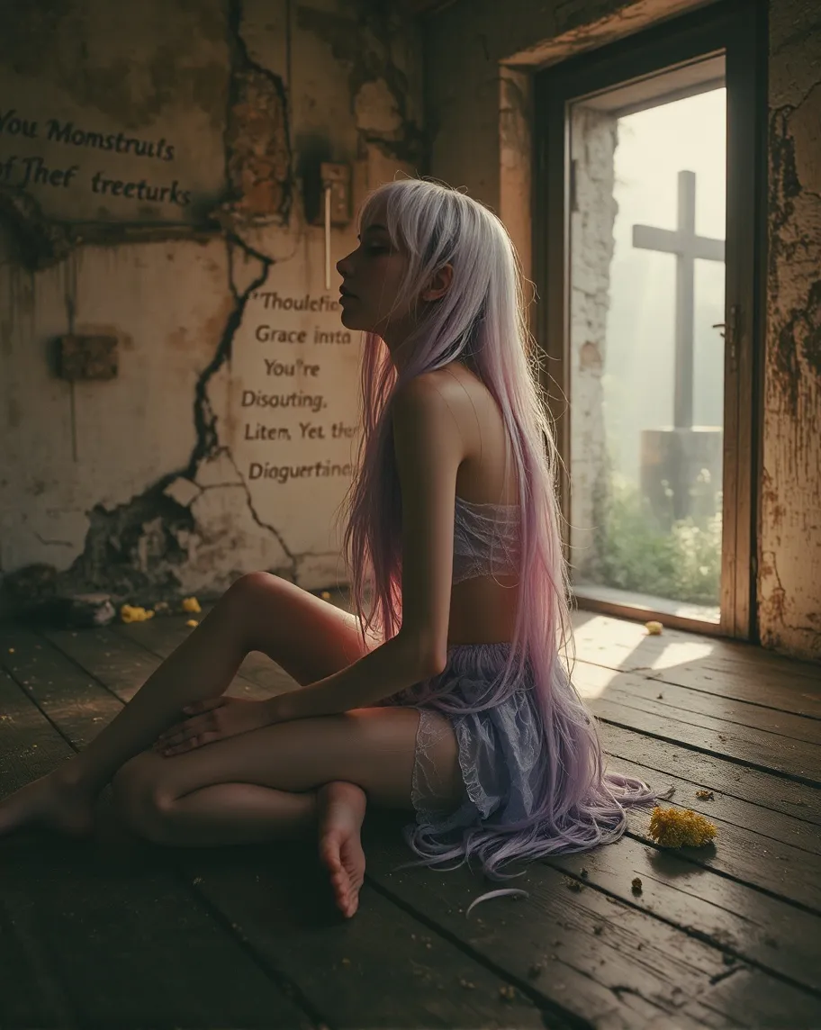 A young woman sits on worn wooden - Free AI Photo Generator - starryai