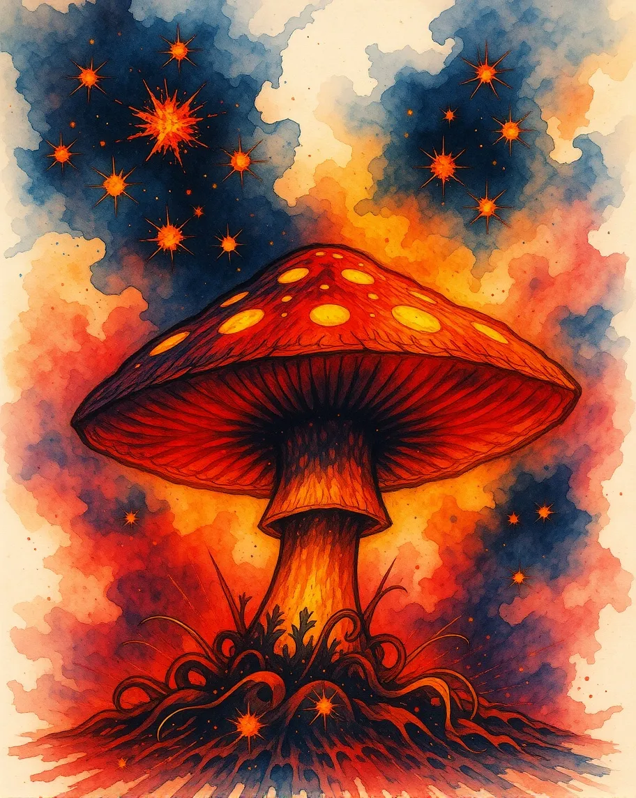 A fiery red mushroom glowing - Free AI Photo Generator - starryai