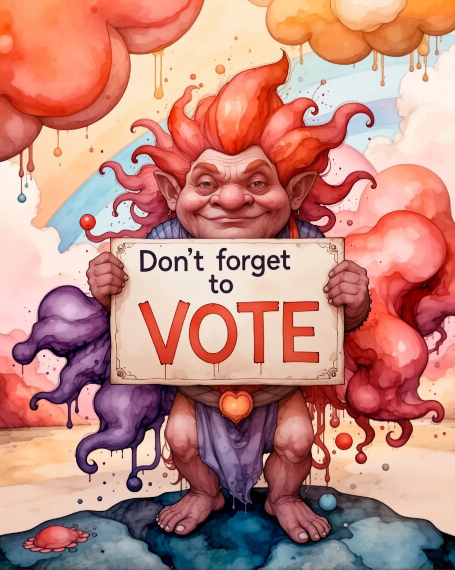 A troll holds a sign that reads: - Free AI Photo Generator - starryai