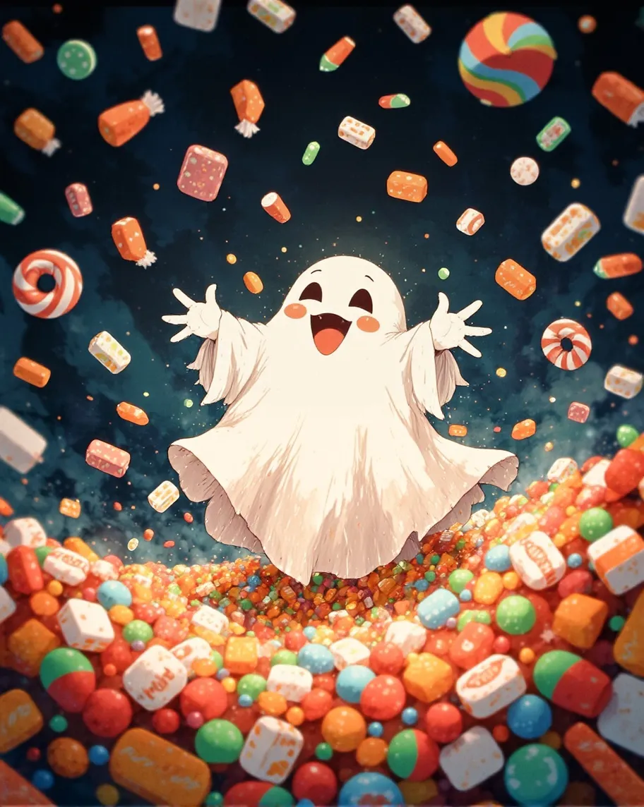 A ghost surrounded flying candy - Free AI Photo Generator - starryai