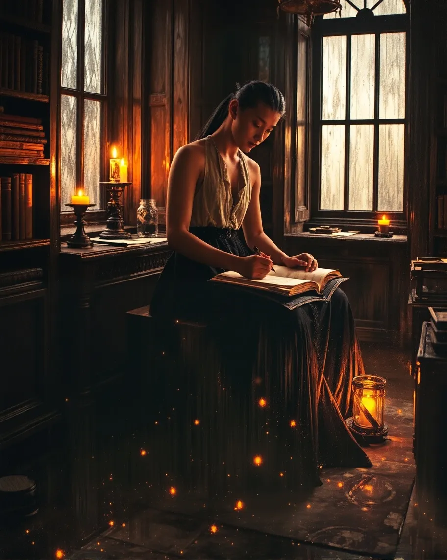 A young woman sits old, candlelit - Free AI Photo Generator - starryai