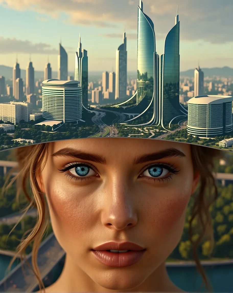 Blue Eyes Goddess & City - Free AI Photo Generator - starryai