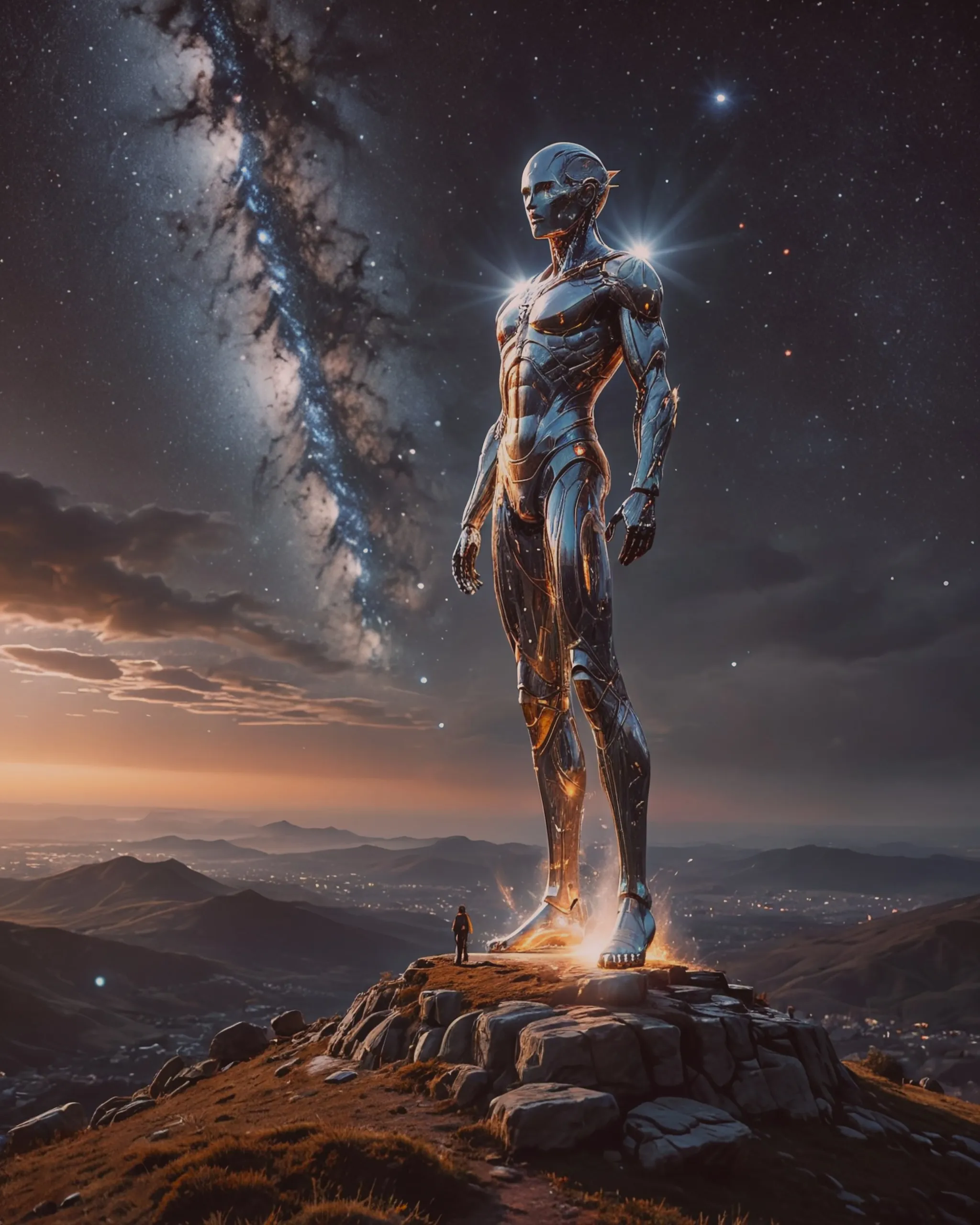A silver-clad figure stands on - Free AI Photo Generator - starryai