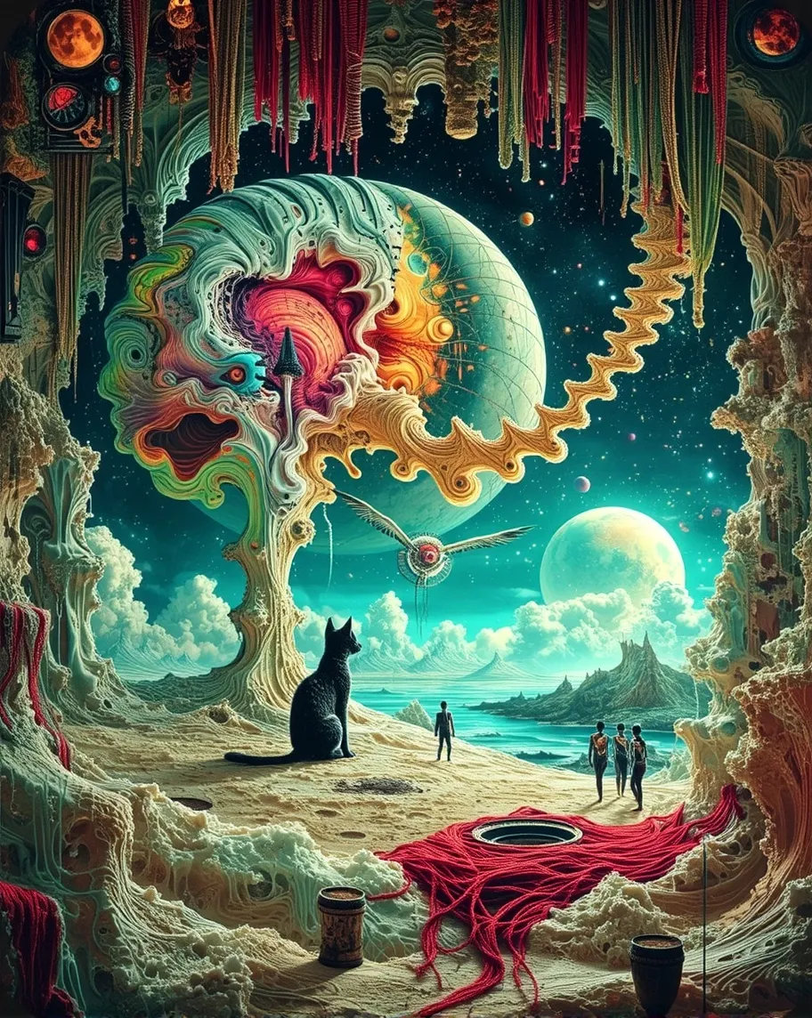 A surreal scene where a cat sits - Free AI Photo Generator - starryai