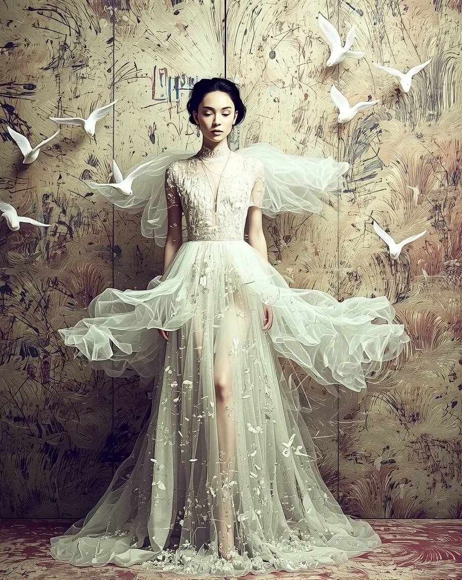 A surreal fashion model draped - Free AI Photo Generator - starryai