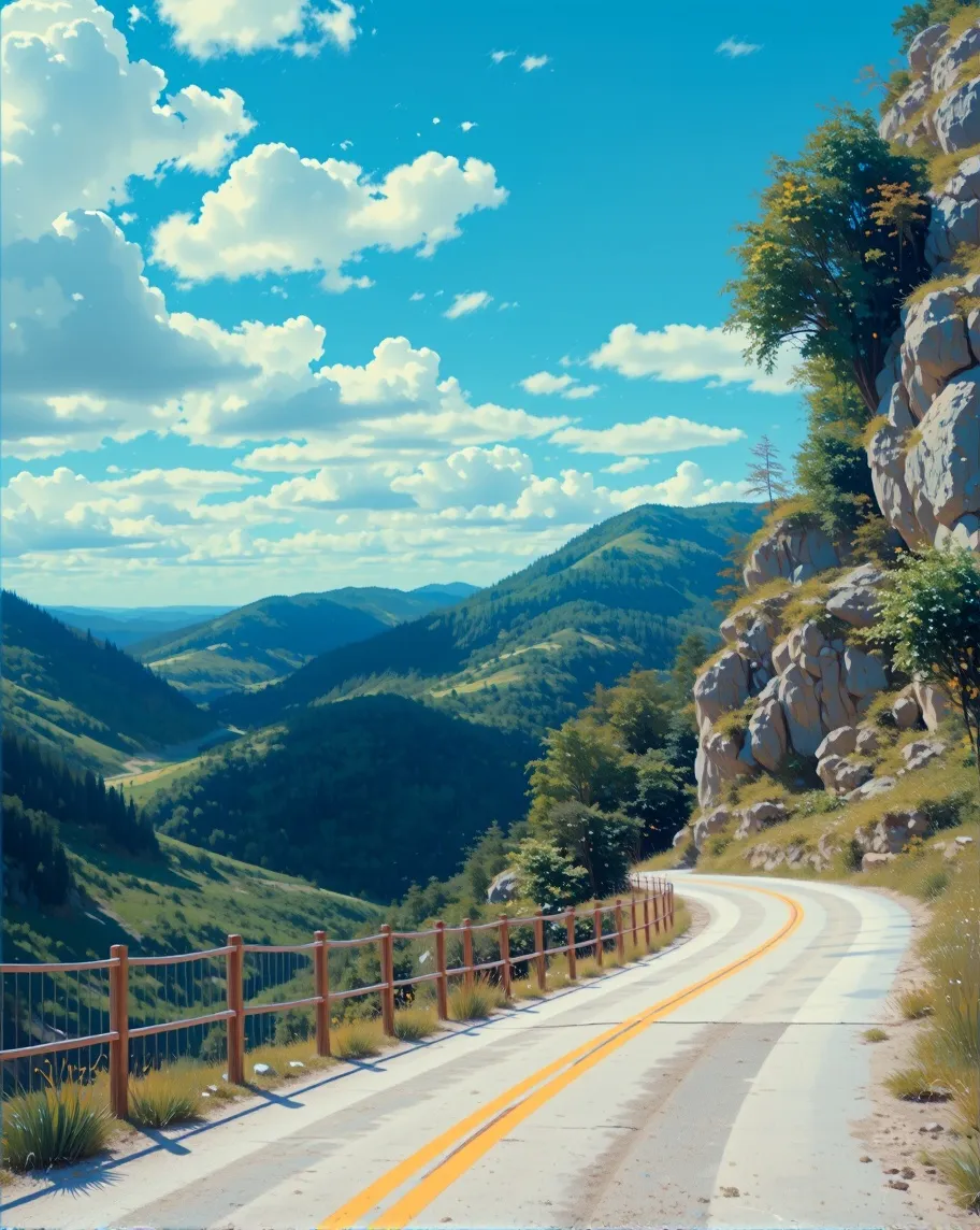 A serene landscape a winding road - Free AI Photo Generator - starryai