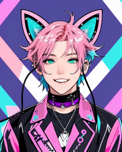 Electric pink hair, cat ears, a - Free AI Photo Generator - starryai
