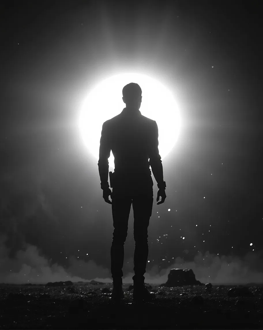 A lone cosmic figure standing at - Free AI Photo Generator - starryai