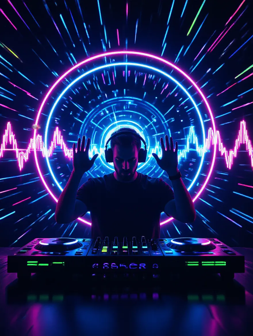 Music Mixing Visualization Cinematic shot: DJ producer frame - Free AI Photo Generator - starryai