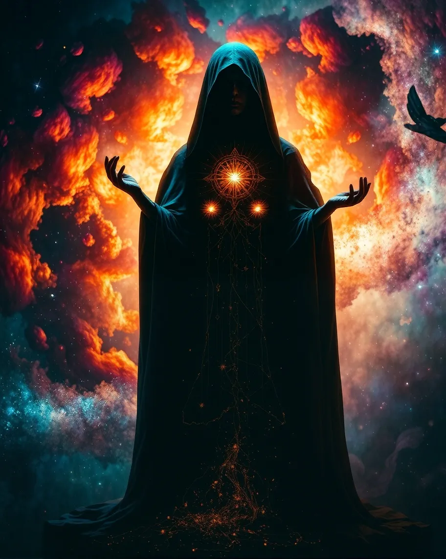 A mysterious hooded cosmic center - Free AI Photo Generator - starryai