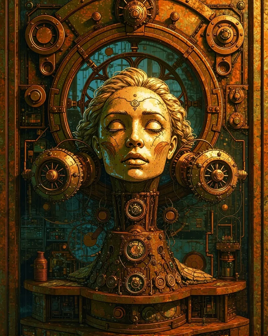 Sentinent Computer Drawing Sentient Steampunk Sculpture - Free AI Photo Generator - starryai