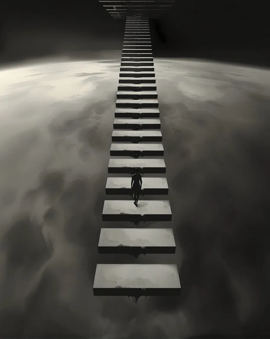 Steps Dim A long staircase suspended open - Free AI Photo Generator - starryai