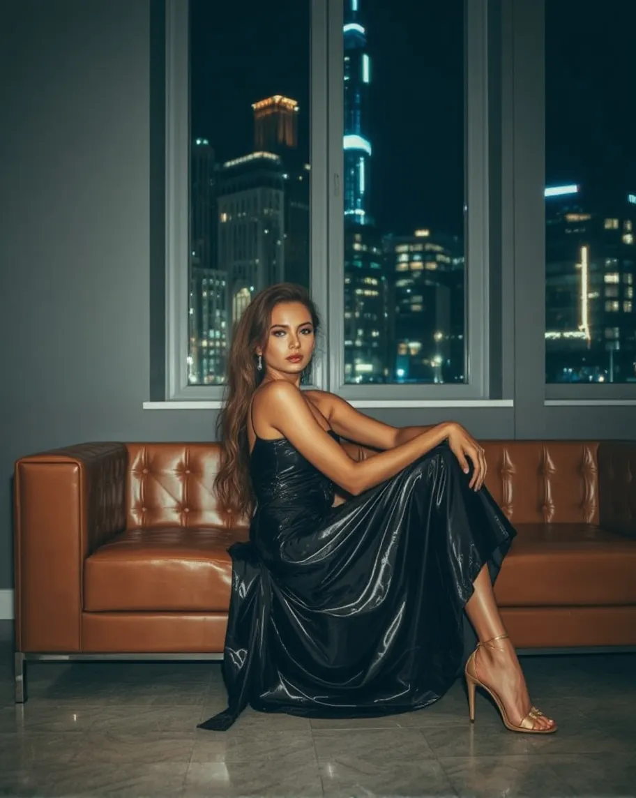 Young woman sitting on a brown - Free AI Photo Generator - starryai