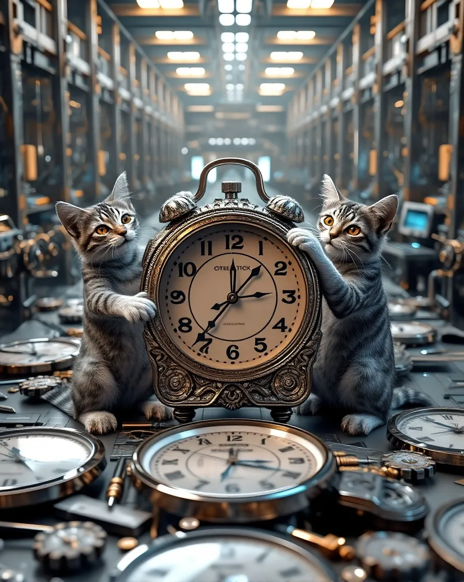 assembly line clock pieces. cats - Free AI Photo Generator - starryai