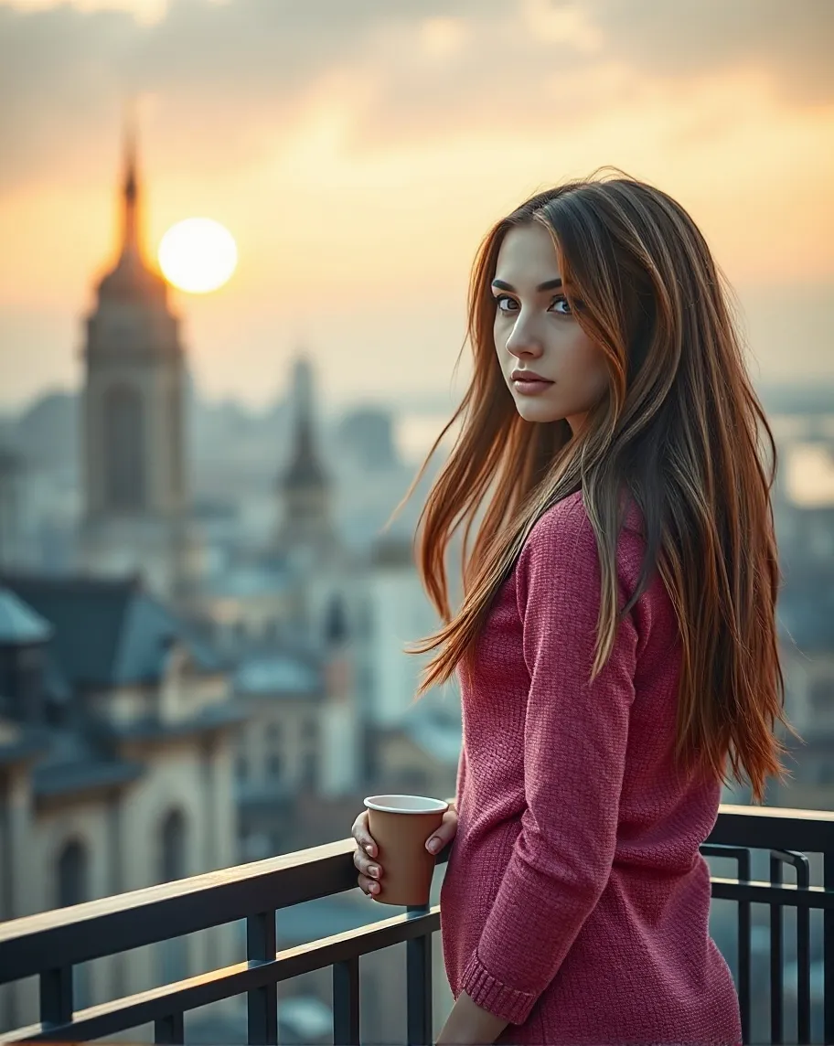 Young woman standing on a balcony - Free AI Photo Generator - starryai