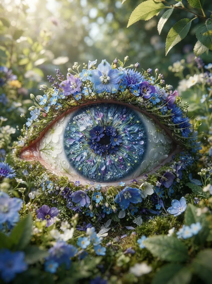 【一点物アート】Icono-Eye-再生-Message Flowers❁ blue eye made flowers, Intricate, - Free AI Photo Generator - starryai