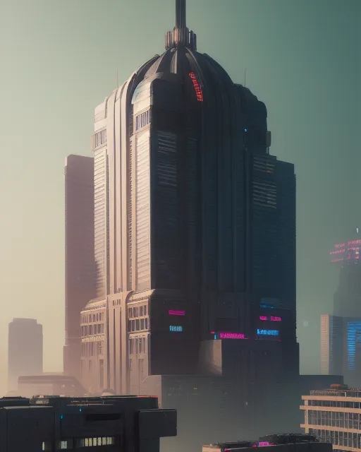 Dystopian future, capital building, massive structure's, 4k ultra HD, cyberpunk theme, vibrant, 