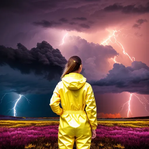 CRASHING STORM, Elemental, Lightning Storm, Thunder Storm, Clouds, Pink-Purple-Silver-Gold-Blue clouds, Sharp, Focused, Enhanced, Detailed, Hyper Detailed, HDR, 8K, Unreal Engine, surrealism, oil paint, high resolution,  Eye of the storm, Penart, air brush, Girl in red and yellow Rainsuit, 