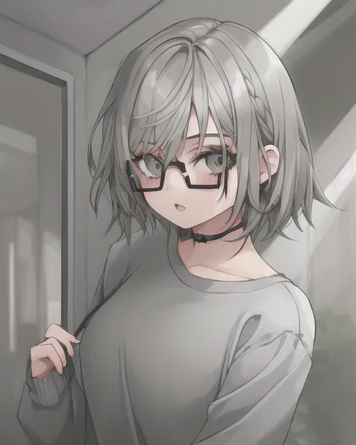 Teenager girl, grey short hair, dull eyes, glasses