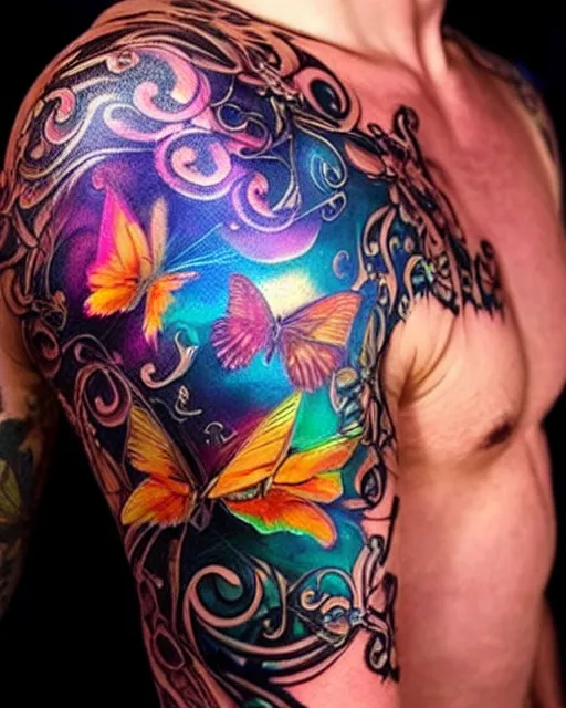 Bioluminescence, butterflies, swirls, arm tattoo, - starryai