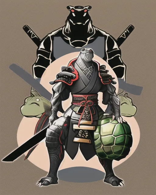 Tortoise as a samurai turtle black samurai gear and samurai armor Human body but keeping tortoise features. Holding samurai sword