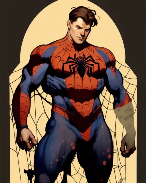 a character portrait [by Artgerm and WLOP and Greg Rutkowski and Ilya Kuvshinov and Alphonse Mucha and Jesper Ejsing], ((muscular spider-man, tired, ripped and damaged costume, burn marks)) (urban warfare setting, destroyed buildings, burnt out cars, Volumetric smoke) intricate design, finely detailed, matte oil painting, backlighting, dynamic lighting, volumetric lighting, beautiful, chiaroscuro