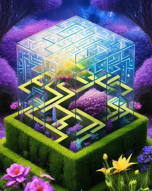 Magical garden maze in a cube ,  extreme detail,  digital art,  4k,  ultra hd,  detailed,  vibrant,  sharp focus,  wlop,  artgerm,  unreal engine, beautiful fantasy landscape,  realistic and natural,  cosmic sky,  detailed full-color,  nature,  hd photography,  realistic surrealism,  magical,  detailed,  gloss,  hyperrealism