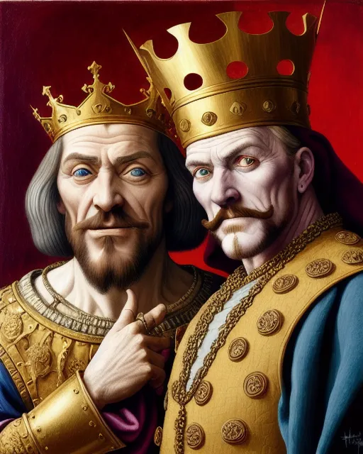 Two Kings.                                                                 hyperdetailed, hyperrealism, sinister, vivid, evil fool, medieval, colour 