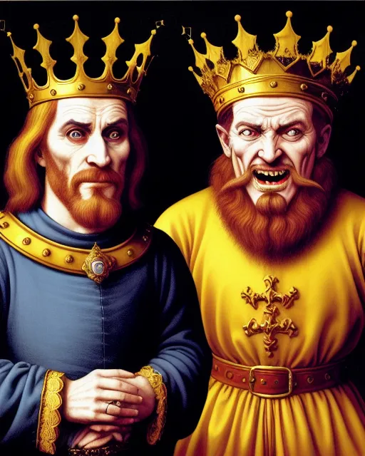 Two Kings.                                                                 hyperdetailed, hyperrealism, sinister, vivid, evil fool, medieval, colour 