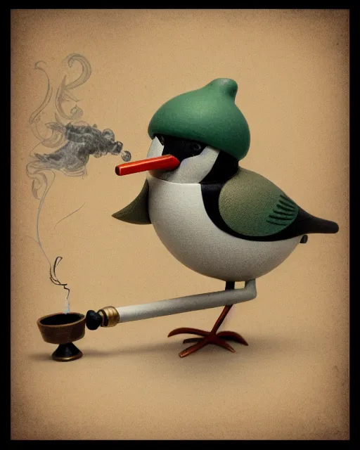 Bird smoking a pipe.