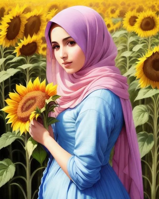 Intricate Painting of beautiful woman in hijab and flowy dress smelling the sunflower in the garden, dynamic pose, close-up, serene, feminine, radiant beauty, beautiful face, rosy cheeks, elegant hands, radiant, vivid, white pink blue violet orange green vibrant gradient colors, oil painting, textured paint, pre-raphaelitism, fine art, impressionism, By Vincent Romero, by Konstantin Razumov, by vittorio reggianini, by john william waterhouse, by Vladimir Volegov, by Susan Rios, surrealism, watercolor