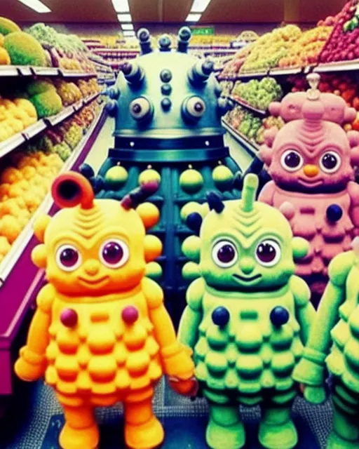 Daleks, Teletubbies shopping in a grocery store