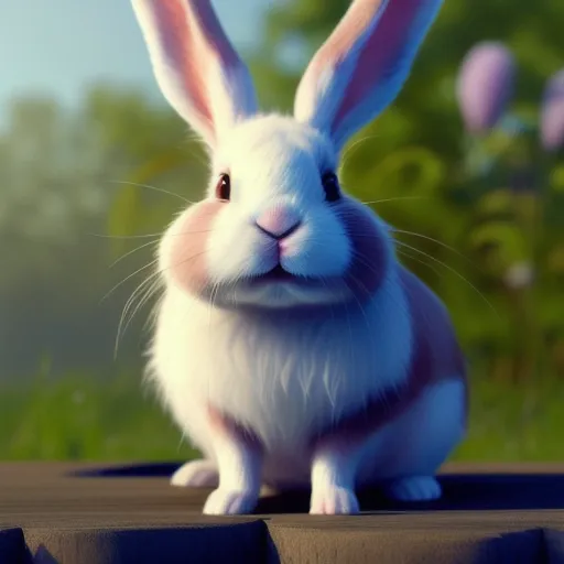 Create a heart-meltingly adorable CGI bunny rabbit that will capture the hearts of all who lay eyes on it. Incorporate intricate, hyper-detailed fur that showcases each strand and hair, with soft, fluffy textures that are bound to make you want to touch it. Use advanced technologies such as GANs and cognitive processing to create a level of realism Utilize HDR and post-processing techniques to add depth and richness to the colours, making the bunny's fur look even more vibrant and realistic. Draw inspiration from Hayao Miyazaki and add small, charming details to bring the bunny fully to life.