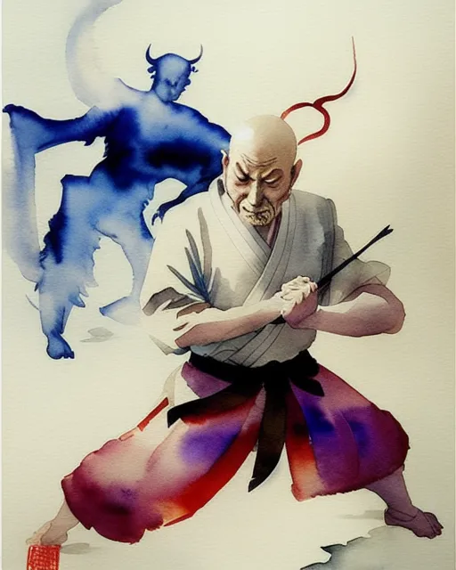 Zen master fighting demon, chinese watercolor