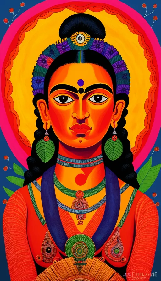Mighty Solstice, Face of the Sun, colorful, intricate, acrylic on canvas, digital painting, landscape, vibrant, frida kahlo