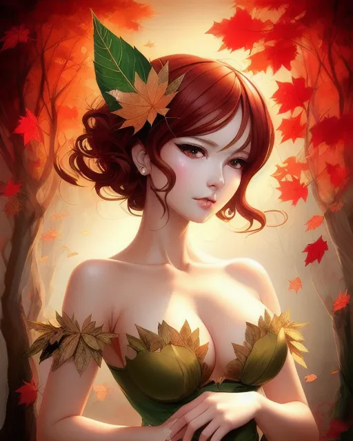Beautiful leaf goddess, high heels, lingerie,  detailed,  vibrant,  anime face,  sharp focus,  character design,  wlop,  artgerm,  kuvshinov, Rembrandt, Botticelli