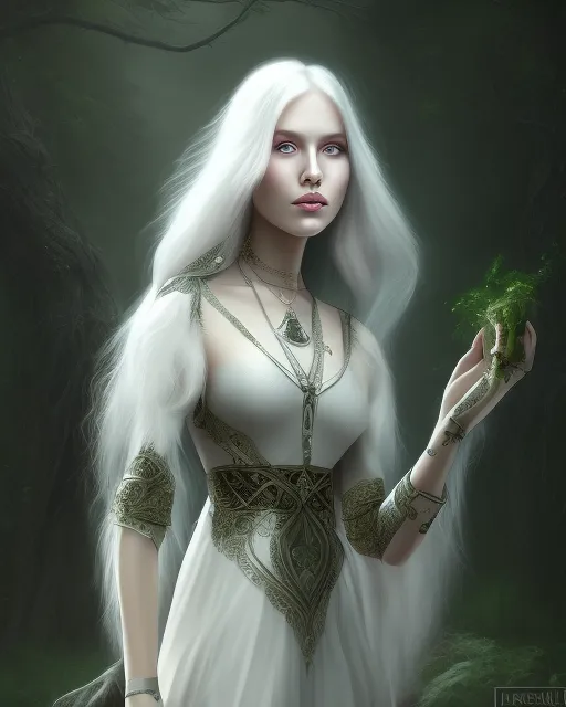 Raven goddess , magical white long hair,  portrait,  long star dress, enchanting forest 