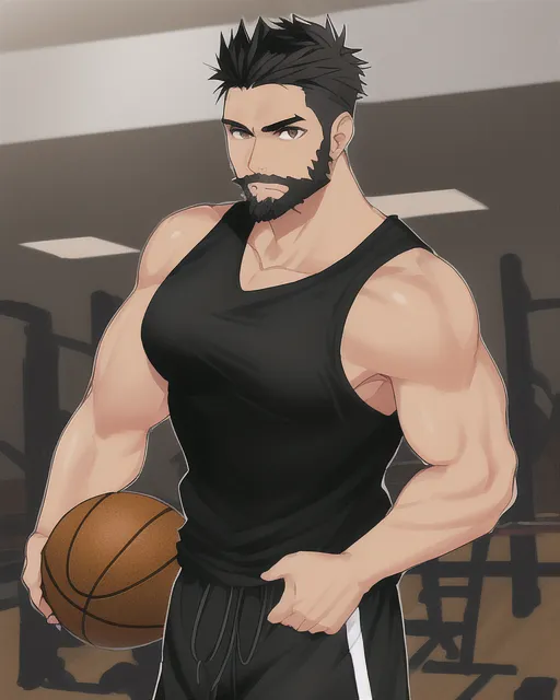 Black haired man, brown eyes, muscular, light tan skin, wearing black tank top, black gym shorts, basketball, beard