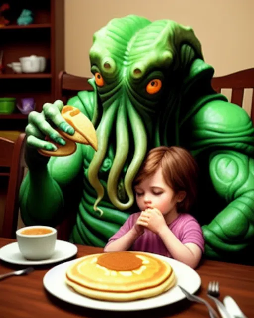 Serendipitous Cthulhu eating pancakes - AI Photo Generator - starryai