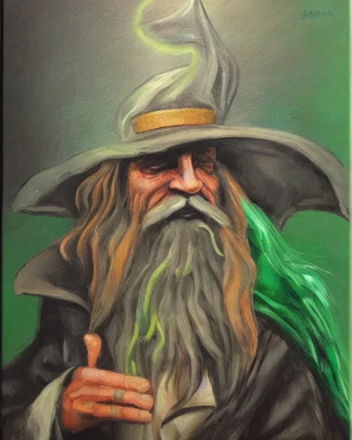 Very old wizard with a green cowl and hat with a skeptical look on his face, fantasy art, oil on canvas