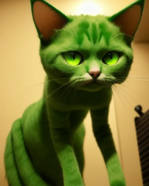 A cute green cat that is 5 feet tall standing on - starryai