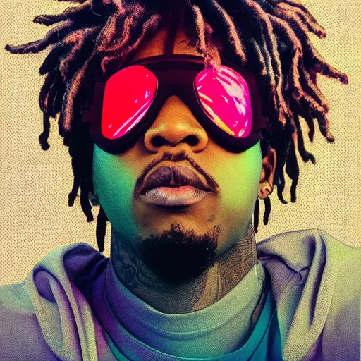 centered shot of juice wrld wearing opaque reflective goggles profile picture by Greg Rutkowski, brown skin, long afro hair, asymmetrical, futuristic, neon volumetric lights, cool colors, streetwear, Organic Painting , digital art, geometric shapes, hard edges, street art, trending on the artstation, fantasy LUT, realistic by Sachin Teng, Martin Grip, Moebius, techwear, Industrial Sci fi, detailed illustration, character portrait, pychedelic overtones, symmetrical