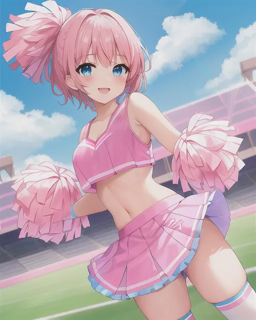 Cheerleader. Pink cheerleader uniforn. Pink and blue skirt. Pink and blue short top shirt. Pink and blue pompoms. Football field back. Brown short hair. Blue eyes. Cheerful smile. Dynamic pose.  White knee-high socks. Pink and blue shoes. Cheerleading dance. Full image, anime character,  detailed,  vibrant,  anime face,  sharp focus,  character design,  wlop,  artgerm,  kuvshinov,  character design,  unreal engine, akihito yoshida, yoshitaka amano