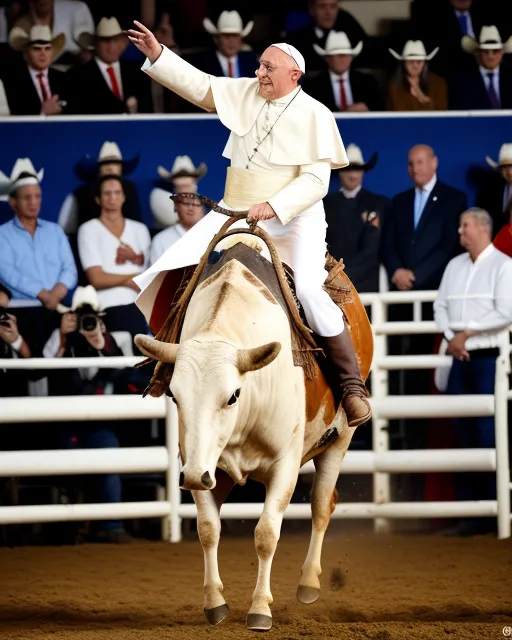 Pope riding a bull a rodeo - AI Photo Generator - starryai