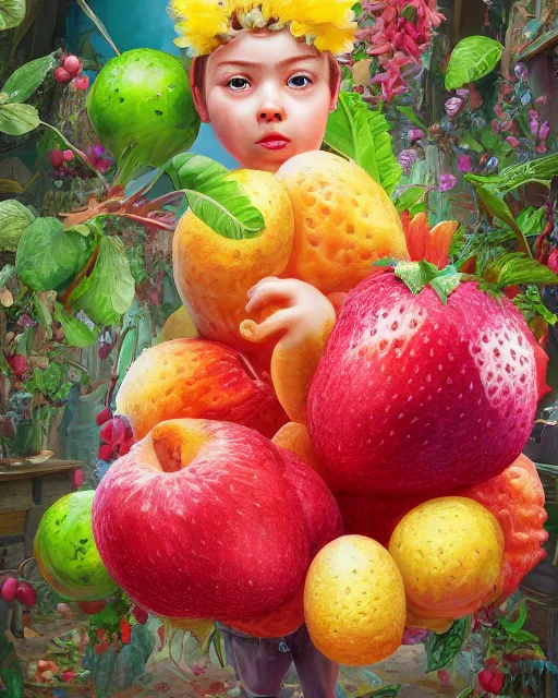 Fruit Piñata, hyperrealism, trending on artstation, rococo, hyper detailed, digital painting, storybook illustration, epic, vivid colors