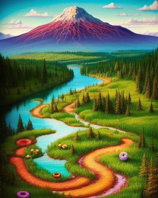 Vast detailed happy colorful post-apocalyptic post-civilization landscape with meadows and river and forest, destroyed building remnants covered in moss, healthy vibrant communities of people and animals sharing donuts without capitalism, intricate, hyperrealistic, , whimsical, photorealistic