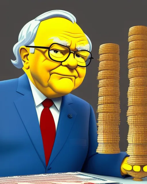 A 3d illustration of Warren buffet using the stock market to control the inflation of the cost of living, cartoon imagery inspired by the creators of the Simpsons, Seth Rogan, Similar realistic effects of TED the movie (fantasy, realistic, and futuristic design, UHD)