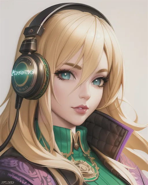 anime girl with blonde hair and blue eyes and headphones