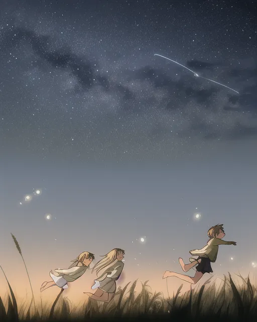 Shooting stars streaking across the night sky as children run around in the tall grass chasing fireflies